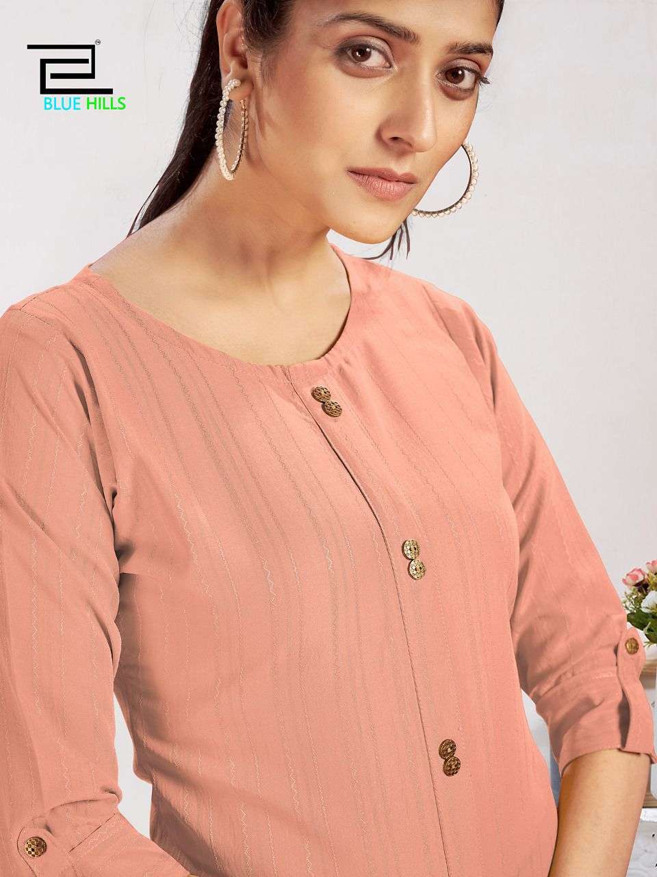 BLUE HILLS - VINTAGE - DOBBY PATTERN FABRIC SIDE CUT KURTI WITH BUTTON - 1006